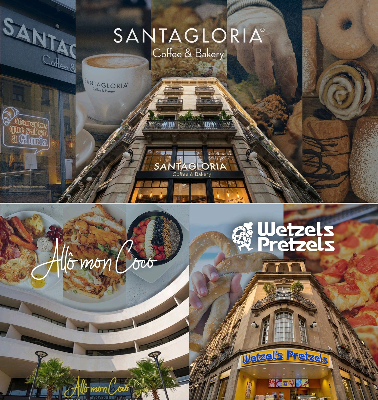 Marcas del portafolio: Santagloria Coffee & Bakery, Allô Mon Coco y Wetzel's Pretzels