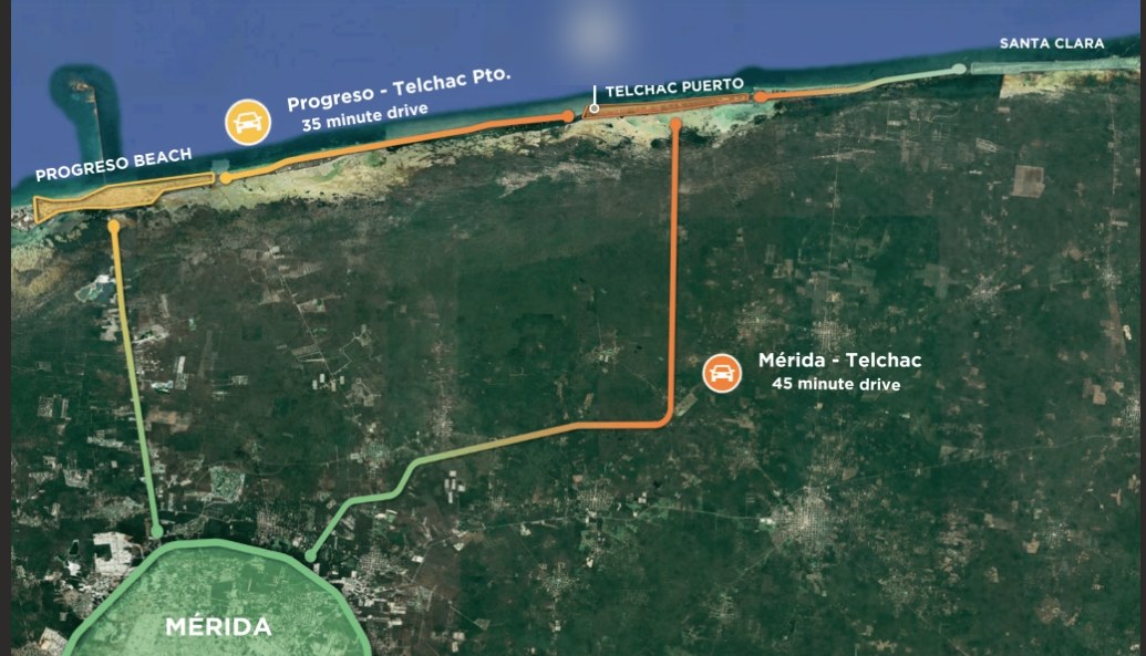 Mapa de la costa yucateca: Telchac Puerto a 35 minutos de Progreso y 45 minutos de Mérida